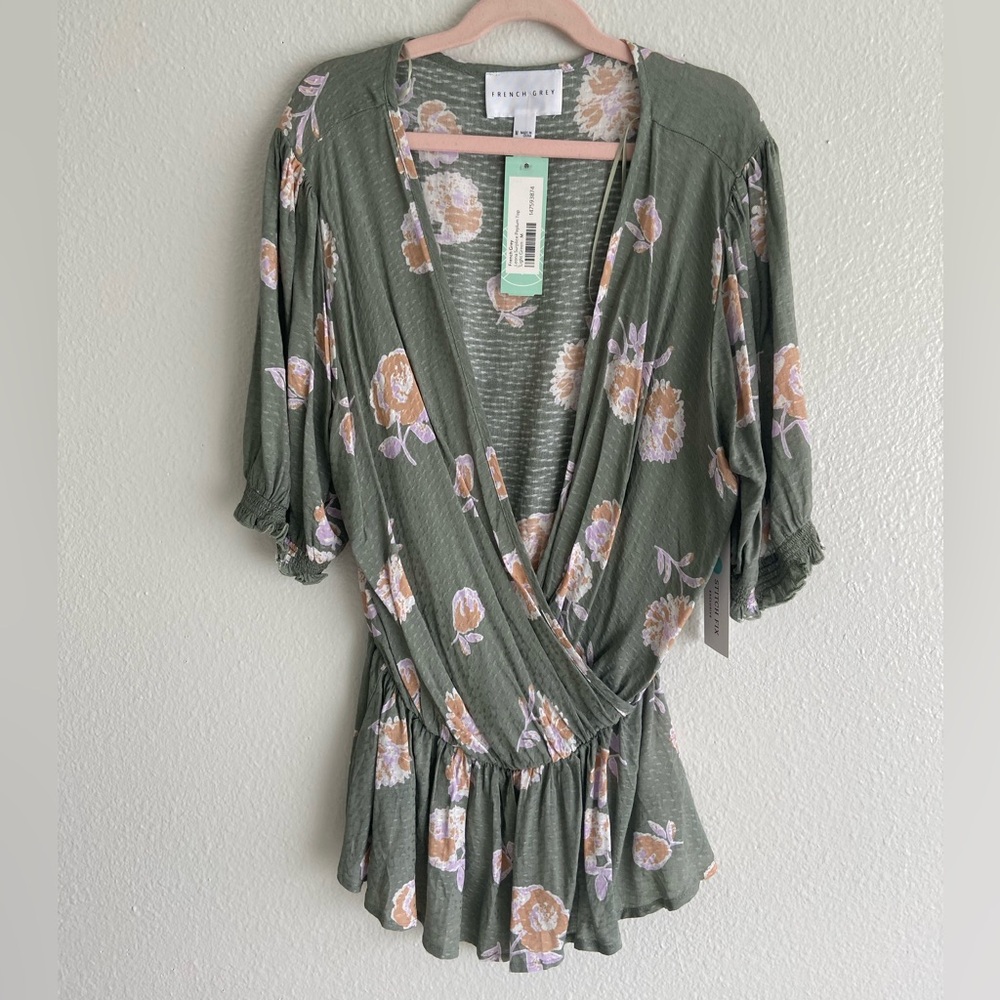 French Grey Green Floral Wrap Top